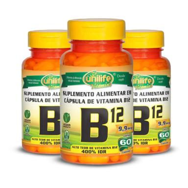 KIT 3 VITAMINA B12 CIANOCOBALAMINA UNILIFE 60 CáPSULAS