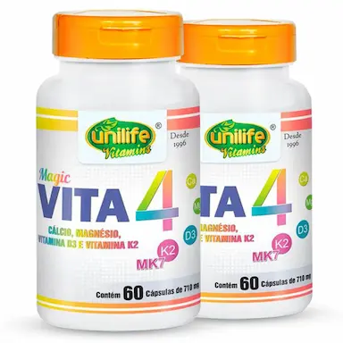 KIT 2 VITA 4 CáLCIO MAGNéSIO VITAMINA D E K2 UNILIFE 60 CáPSULAS