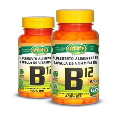 KIT 2 VITAMINA B12 CIANOCOBALAMINA UNILIFE 60 CáPSULAS