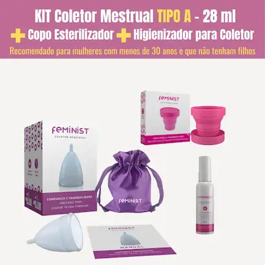 KIT COLETOR MENSTRUAL A + COPO ESTERILIZADOR + LIMPADOR DE COLETOR - FEMINIST