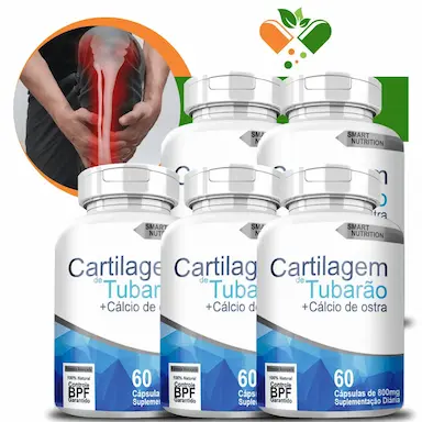 KIT COM 5 POTES CARTILAGEM DE TUBARãO C/ CáLCIO DE OSTRA 800MG 60 CáPSULAS