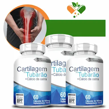 KIT COM 3 POTES CARTILAGEM DE TUBARãO C/ CáLCIO DE OSTRA 800MG 60 CáPSULAS