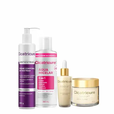 KIT CICATRICURE ANTIESTRIAS ÁGUA MICELAR GOLD LIFT DIURNO E ANTI  IDADE (4 PRODUTOS)