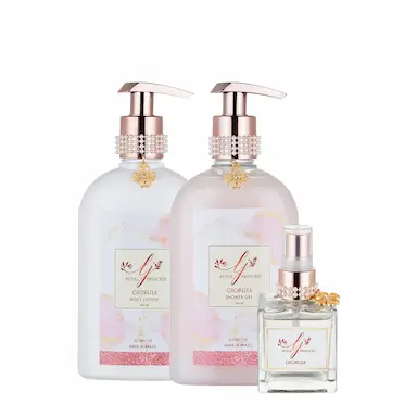 KIT FLORA VIE ROYAL PRINCESS GIORGIA LOçãO HIDRATANTE SABONETE LíQUIDO E PERFUME (3 PRODUTOS)