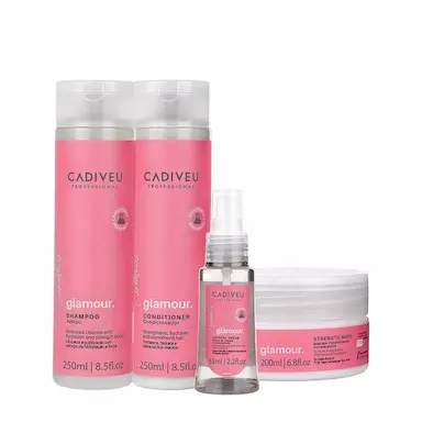 KIT CADIVEU PROFISSIONAL ESSENTIALS GLAMOUR SHAMPOO CONDICIONADOR SéRUM E MáSCARA (4 PRODUTOS)
