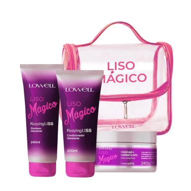 KIT LOWELL LISO MáGICO SHAMPOO CONDICIONADOR MáSCARA E NECESSAIRE (4 PRODUTOS)