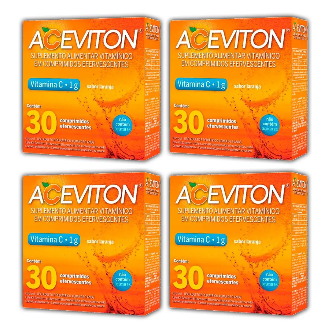 KIT 04 UNIDADES - ACEVITON VITAMINA C ,1G SABOR LARANJA COM 30 COMPRIMIDOS EFERVESCENTES