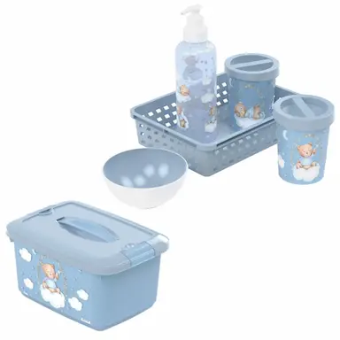 KIT HIGIENE BEBE + FARMACINHA CHA DE BEBE DECORADO PLASUTIL Urso Azul