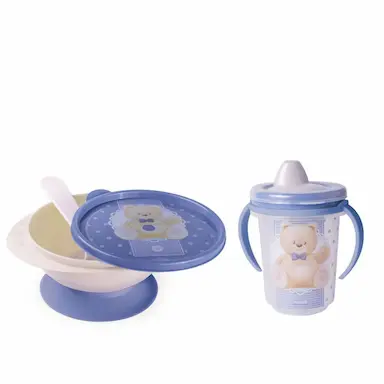 KIT ALIMENTAÇÃO BEBÊ TIGELA COM VENTOSA + CANECA TREINAMENTO Urso Azul