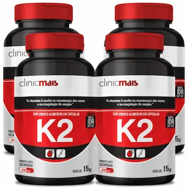 COMBO 4 VITAMINA K2 MENAQUINONA-7 MK-7 65MCG COM 30 CAPS CADA TOTAL 120 CAPS - CLINICMAIS