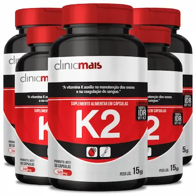 COMBO 5 VITAMINA K2 MENAQUINONA-7 MK-7 65MCG COM 30 CAPS CADA TOTAL 150 CAPS - CLINICMAIS