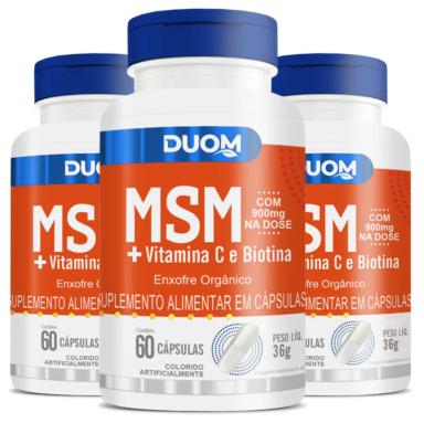 COMBO 3 MSM ENXOFRE ORGANICO 900MG + VITAMINA C BIOTINA 60 CAPS CADA TOTAL 180 CAPS - DUOM