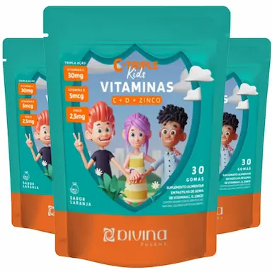 COMBO 3 C-TRIPLE KIDS VITAMINAS C + D + ZINCO 30 GOMAS CADA TOTAL 90 GOMAS LARANJA – DIVINA