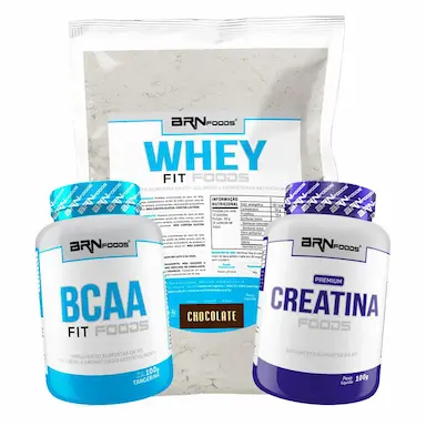 KIT WHEY PROTEIN FIT FOODS 500G + BCAA FIT 100G + PREMIUM CREATINA 100G - BRN FOODS SABOR CHOCOLATE