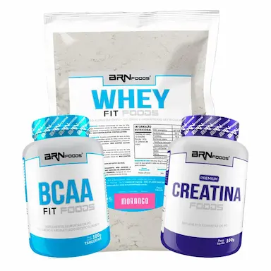 KIT WHEY PROTEIN FIT FOODS 500G + BCAA FIT 100G + PREMIUM CREATINA 100G - BRN FOODS SABOR MORANGO