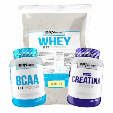 KIT WHEY PROTEIN FIT FOODS 500G + BCAA FIT 100G + PREMIUM CREATINA 100G - BRN FOODS SABOR BAUNILHA