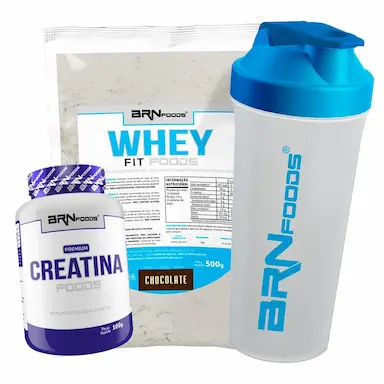 KIT WHEY PROTEIN FIT FOODS 500G + PREMIUM CREATINA 100G + COQUETELEIRA - BRN FOODS SABOR CHOCOLATE