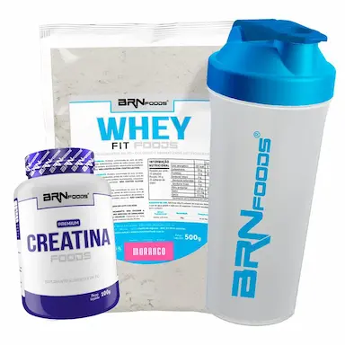 KIT WHEY PROTEIN FIT FOODS 500G + PREMIUM CREATINA 100G + COQUETELEIRA - BRN FOODS SABOR MORANGO