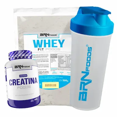 KIT WHEY PROTEIN FIT FOODS 500G + PREMIUM CREATINA 100G + COQUETELEIRA - BRN FOODS SABOR BAUNILHA