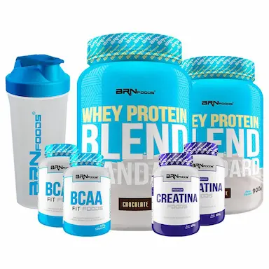 KIT 2X WHEY BLEND 900G + 2X PREMIUM CREATINA 100G + 2X BCAA FIT 100G TANGERINA + COQUETELEIRA SABOR CHOCOLATE - BRNFOODS