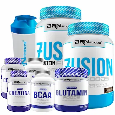 KIT 2X WHEY FUSION 900G + 2X CREATINA 100G + 2X BCAA 120 CáPS + GLUTAMINA 250G + COQUETELEIRA 600ML SABOR CHOCOLATE - BRN FOODS