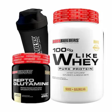 KIT 100% LIKE WHEY PURE PROTEIN 900G SABOR BAUNILHA + PEPTO GLUTAMINE 250G + COQUETELEIRA - BODYBUILDERS
