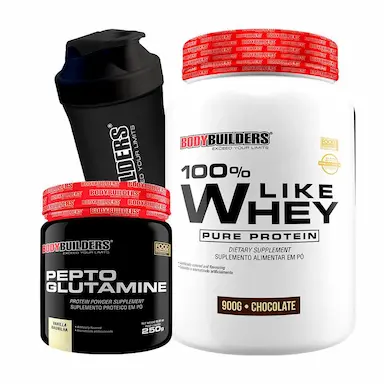 KIT 100% LIKE WHEY PURE PROTEIN 900G SABOR CHOCOLATE  + PEPTO GLUTAMINE 250G + COQUETELEIRA - BODYBUILDERS