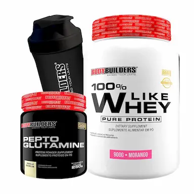 KIT 100% LIKE WHEY PURE PROTEIN 900G SABOR MORANGO + PEPTO GLUTAMINE 250G + COQUETELEIRA - BODYBUILDERS