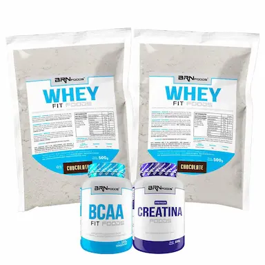 KIT 2X WHEY PROTEIN FOODS 500G + BCAA FIT 100G TANGERINA + PREMIUM CREATINA 100G SABOR CHOCOLATE - BRN FOODS