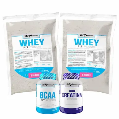 KIT 2X WHEY PROTEIN FOODS 500G + BCAA FIT 100G TANGERINA + PREMIUM CREATINA 100G SABOR MORANGO- BRN FOODS