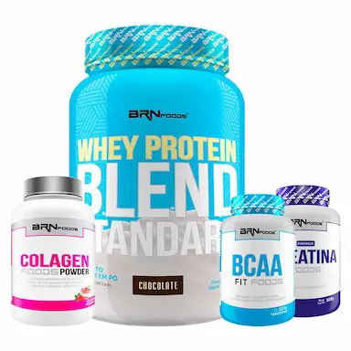 KIT WHEY BLEND 900G + CREATINA FOODS 100G + BCAA FIT 100G + COLAGEN FOODS 200G SABOR CHOCOLATE - BRN FOODS