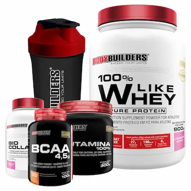 KIT LIKE WHEY 900G SABOR MORANGO + BCAA 100G+ COLAGENO 200G + GLUTAMINA 300G + COQUETELEIRA - BODYBUILDERS