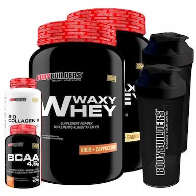 KIT 2X WHEY PROTEIN WAXY WHEY 900G + BIO COLAGEN II 200G + BCAA 100G + 2X COQUETELEIRA - BODYBUILDERS Baunilha E Cappuccino