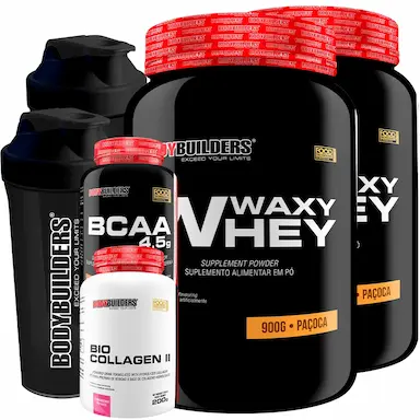 KIT 2X WHEY PROTEIN WAXY WHEY 900G + BIO COLAGEN II 200G + BCAA 100G + 2X COQUETELEIRA - BODYBUILDERS Paçoca