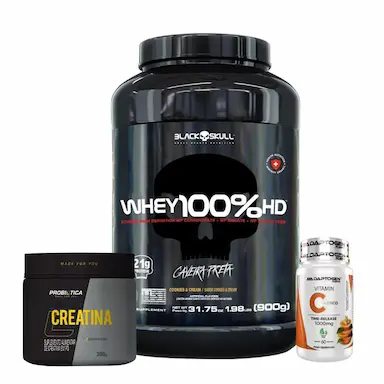 WHEY 100% HD BLACK SKULL COOKIES - 900G (WPC. WPI E WPH) + CREATINA 300G MONOHIDRATADA 100% PURA PROBIóTICA + VITAMINA C Cookeis And Cream