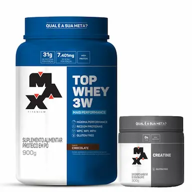TOP WHEY 3W MAIS PERFORMANCE (900G) + CREATINA 300G MAX TITANIUM Chocolate