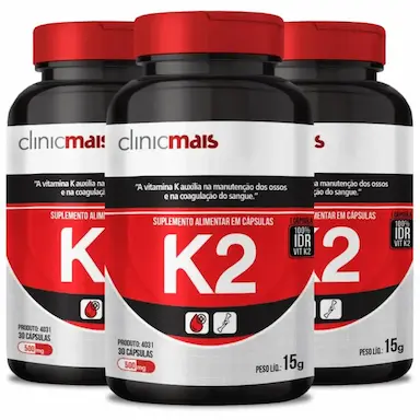KIT 3X VITAMINA K2 MK7 MENAQUINONA-7 100% 30 CáPSULAS - CLINICMAIS