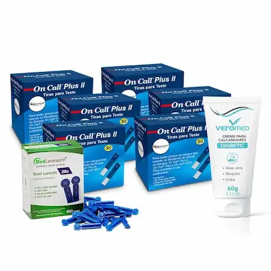 KIT DIABETES E CUIDADOS COM OS PéS - PARA UMA VIDA SAUDáVEL 300 TIRAS ON CALL PLUS II + 100 LANCETAS + 1 CREME DE CALCANHAR VEROMED