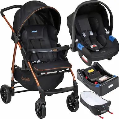 CARRINHO BEBê CONFORTO ECCO PRETO E COBRE + BASE + NINHO PRAMETTE - BURIGOTTO