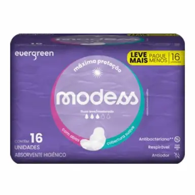 ABSORVENTE MALHA SUAVE C/ABAS MODESS 16 UN - EVERGREEN