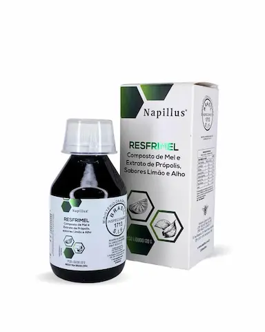 RESFRIMEL COMPOSTO DE MEL E EXTRATO DE PRóPOLIS, SABORES LIMãO E ALHO NAPILLUS 120 GRAMAS