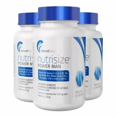 KIT 3 VITAMINA CAPILAR NUTRISIZE POWER MAN 30CAPS NATURAL FLORA SEM Sabor