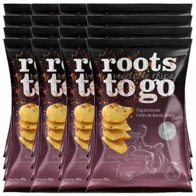 CHIPS DE BATATA-DOCE COM ESPECIARIAS ROOTS TO GO CONTENDO 16 PACOTES DE 45G CADA