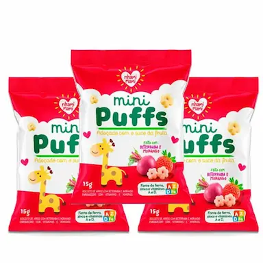 BISCOITO DE ARROZ MINI PUFFS BETERRABA E MORANGO ZERO GLúTEN, INTEGRAL NHAMI MAMI CONTENDO 3 PACOTES DE 15G CADA