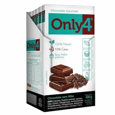TABLETE DE CHOCOLATE 70% CACAU COM AçúCAR DE COCO E NIBS ONLY4 CONTENDO 6 BARRAS DE 80G CADA