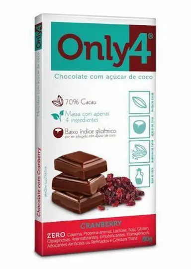 TABLETE DE CHOCOLATE COM AçúCAR DE COCO E CRANBERRY ONLY4 80G