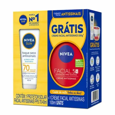 KIT NIVEA ANTISSINAIS PROTETOR SOLAR FACIAL TOQUE SECO FPS 70 40ML E CREME FACIAL 100G