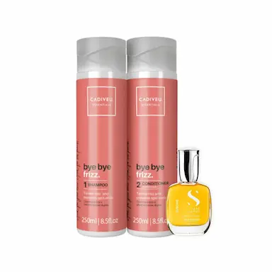 SHAMPOO E CONDICIONADOR BYE BYE FRIZZ 250ML E CRISTALLI LIQUID 30ML