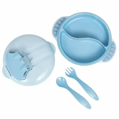KIT REFEIçãO INFANTIL PRATO C/ VENTOSA E TALHERES AZUL BUBA