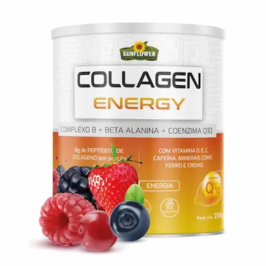 COLLAGEN ENERGY COLáGENO PRéTREINO 250G BETA ALANINA+COENZIMA Q10 COQ10 + COMPLEXO B - SUNFLOWER Spring Fusion (Morango/Cranberry/Frutas Vermelhas)